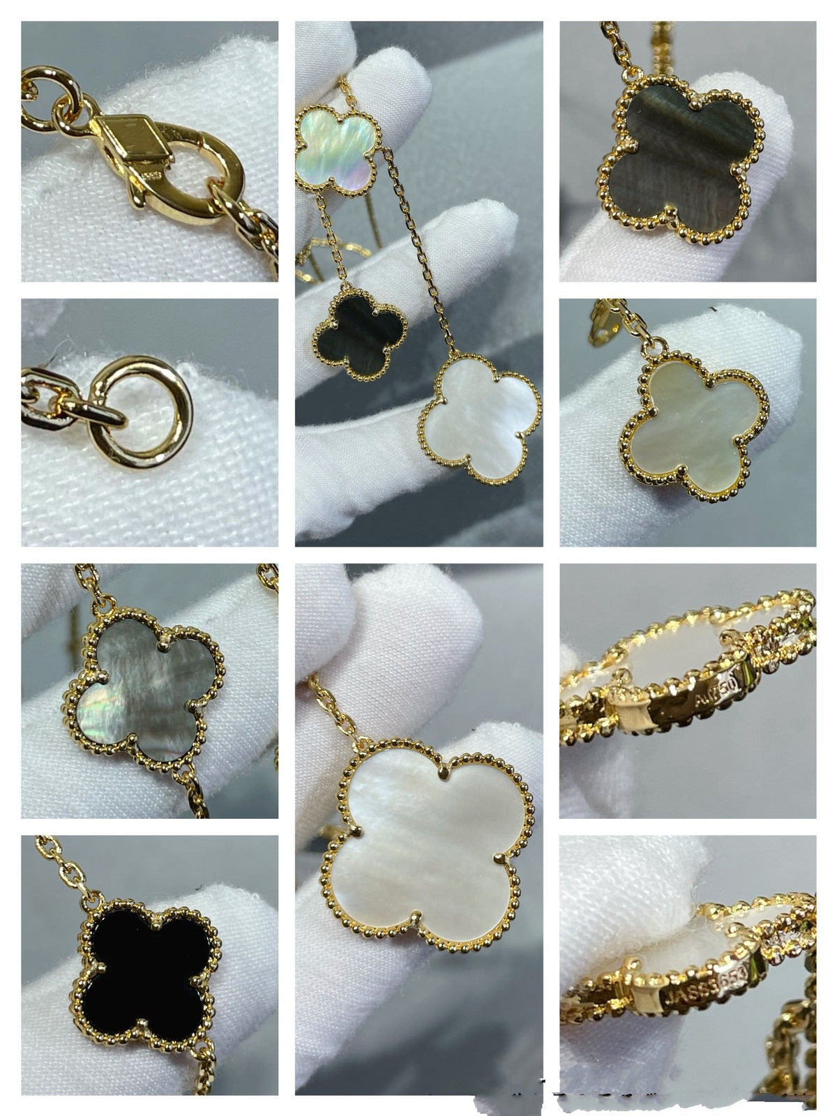 ¡®Aura Jewels¡¯CLOVER 6 MOTIF MOP ONYX GOLD NECKLACE