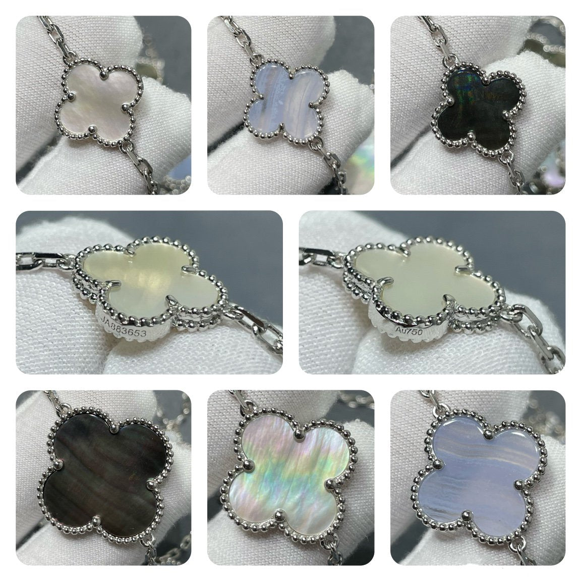 ¡®Aura Jewels¡¯CLOVER 16 MOTIF CHALCEDONY MOP SILVER NECKLACE