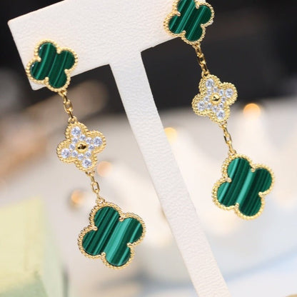 ¡®Aura Jewels¡¯CLOVER EARRINGS GOLD MALACHITE DIAMOND 3 MOTIF