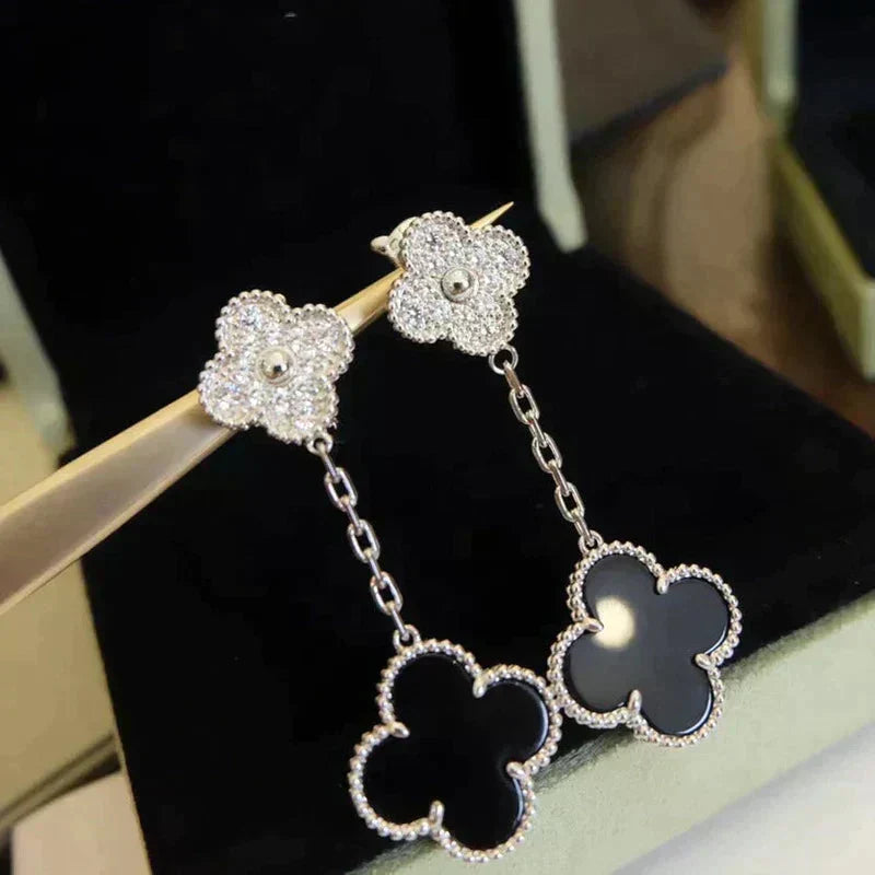 ¡®Aura Jewels¡¯CLOVER 2 MOTIFS  DIAMOND ONYX EARRINGS SILVER