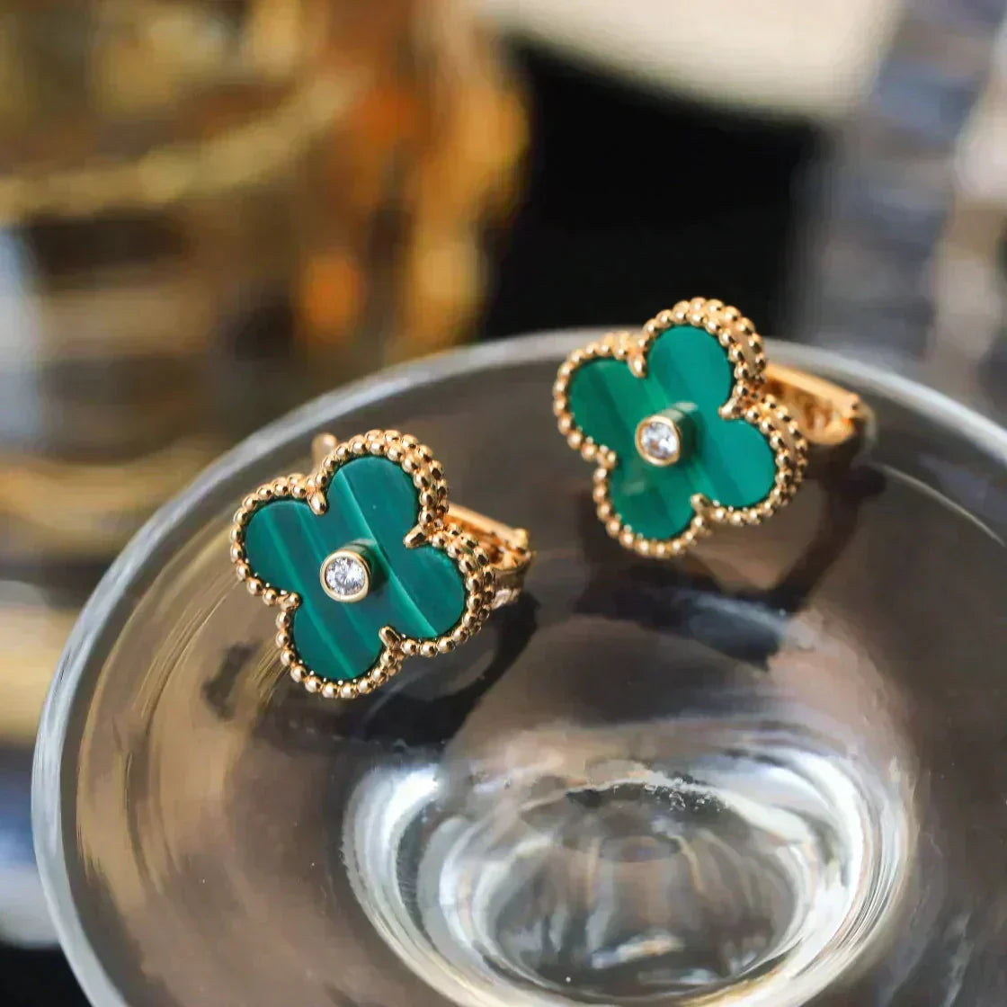 ¡®Aura Jewels¡¯CLOVER MEDIUM 1 MOTIFS MALACHITE DIAMOND EARRINGS