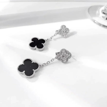 ¡®Aura Jewels¡¯CLOVER 2 MOTIFS  DIAMOND ONYX EARRINGS SILVER
