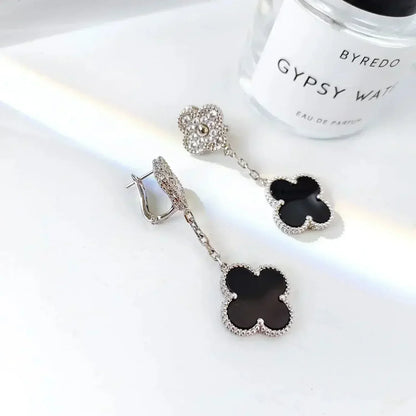 ¡®Aura Jewels¡¯CLOVER 2 MOTIFS  DIAMOND ONYX EARRINGS SILVER