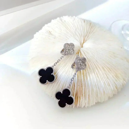 ¡®Aura Jewels¡¯CLOVER 2 MOTIFS  DIAMOND ONYX EARRINGS SILVER
