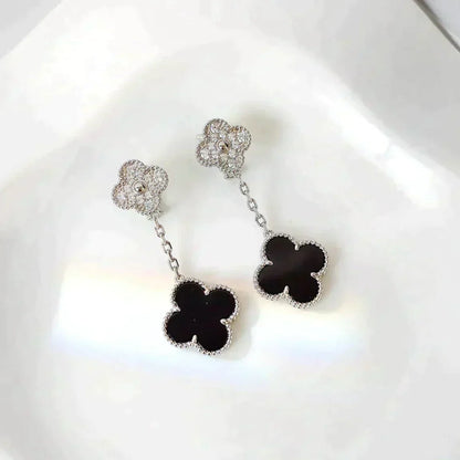 ¡®Aura Jewels¡¯CLOVER 2 MOTIFS  DIAMOND ONYX EARRINGS SILVER