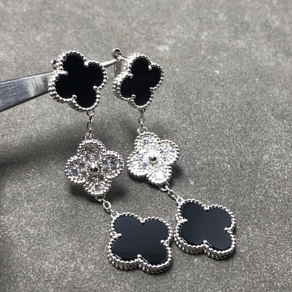 ¡®Aura Jewels¡¯CLOVER 3 MOTIF DIAMOND ONYX SILVER EARRINGS