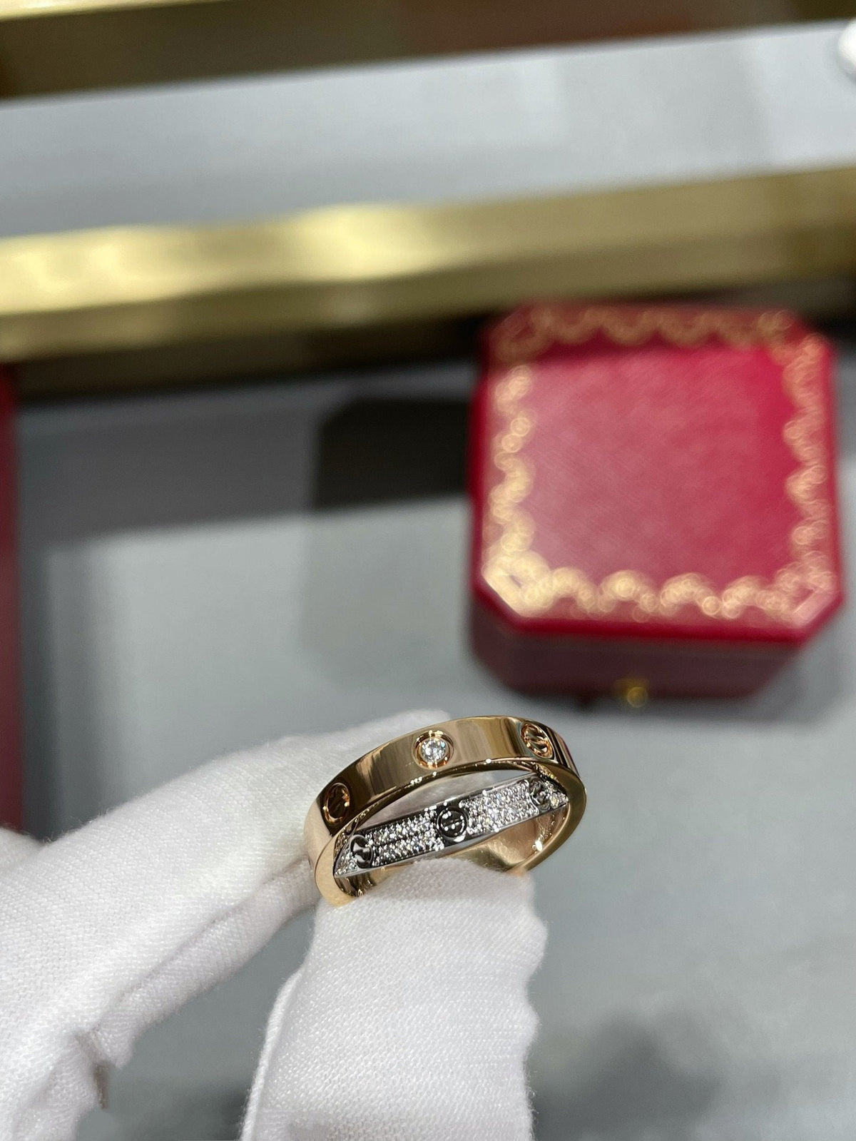¡®Aura Jewels¡¯LOVE PINK GOLD SILVER DIAMOND DOUBLE RING