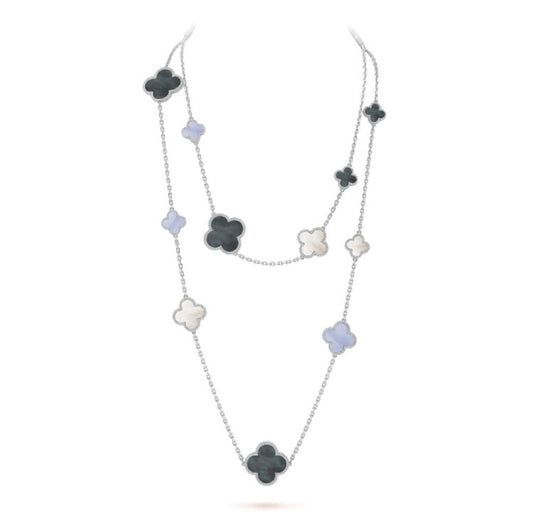 ¡®Aura Jewels¡¯CLOVER 16 MOTIF CHALCEDONY MOP SILVER NECKLACE