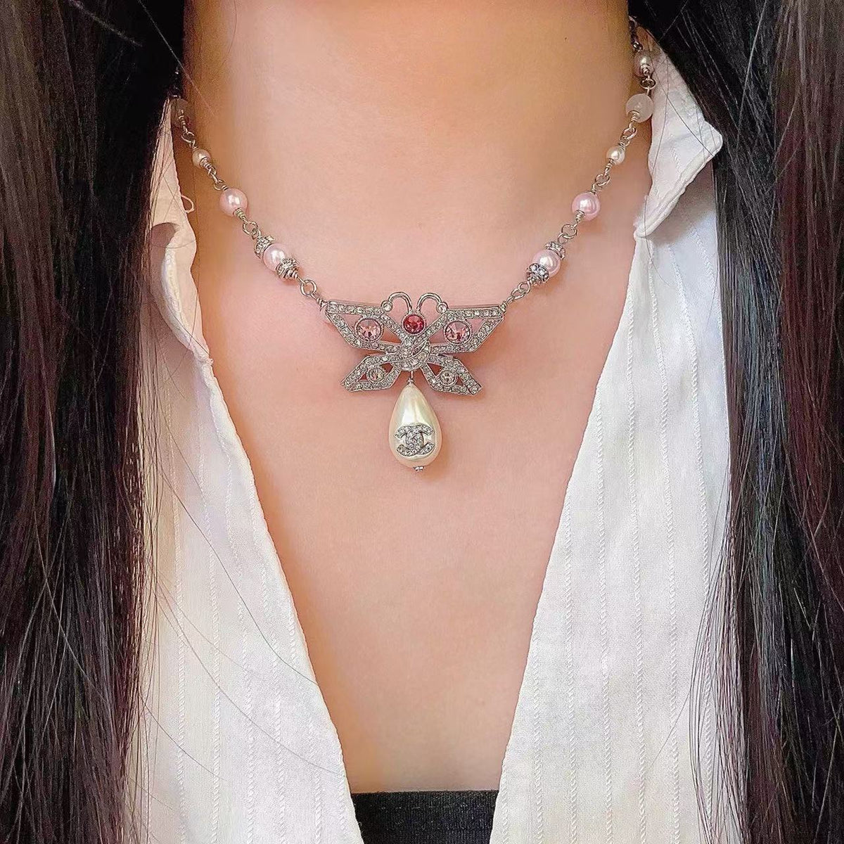 [Aura Jewels] Bow & Pearl Double C Pavé Diamond Necklace