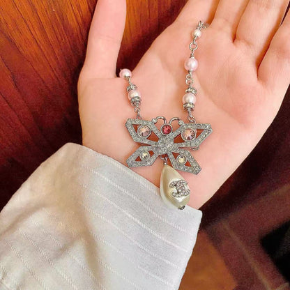 [Aura Jewels] Bow & Pearl Double C Pavé Diamond Necklace