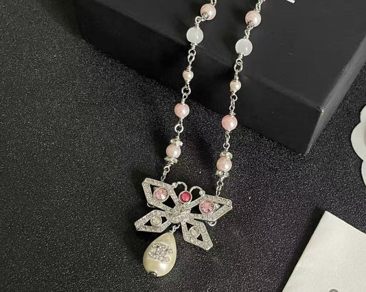 [Aura Jewels] Bow & Pearl Double C Pavé Diamond Necklace