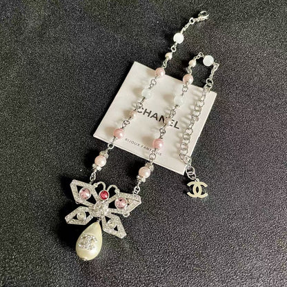 [Aura Jewels] Bow & Pearl Double C Pavé Diamond Necklace