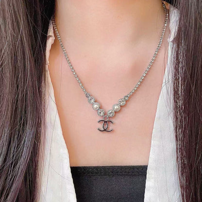 [Aura Jewels]Double C Necklace with Pearls & Cubic Zirconia