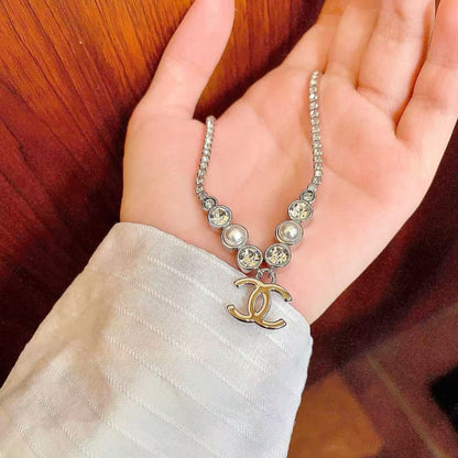 [Aura Jewels]Double C Necklace with Pearls & Cubic Zirconia