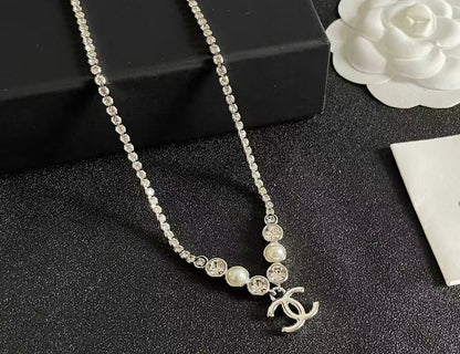 [Aura Jewels]Double C Necklace with Pearls & Cubic Zirconia