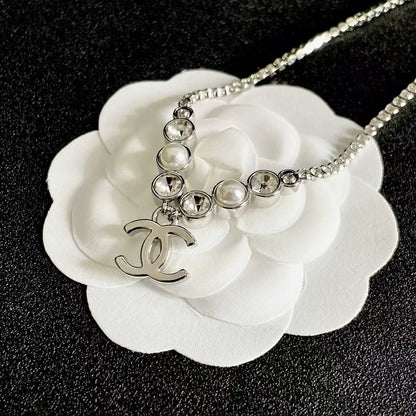 [Aura Jewels]Double C Necklace with Pearls & Cubic Zirconia