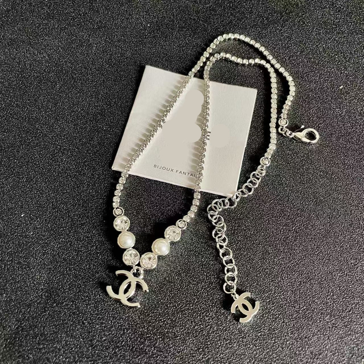 [Aura Jewels]Double C Necklace with Pearls & Cubic Zirconia