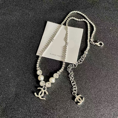 [Aura Jewels]Double C Necklace with Pearls & Cubic Zirconia