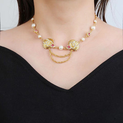 [Aura Jewels]Vintage Fan Motif Double CC Crystal & Pearl Necklace