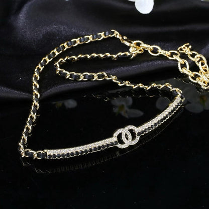 [Aura Jewels]Black Leather Interwoven Crystal CC Choker Necklace
