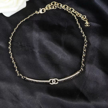 [Aura Jewels]Black Leather Interwoven Crystal CC Choker Necklace