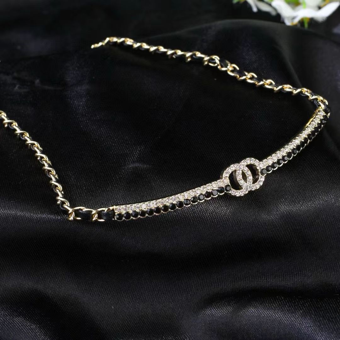 [Aura Jewels]Black Leather Interwoven Crystal CC Choker Necklace