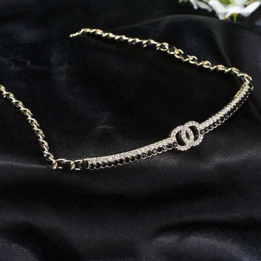 [Aura Jewels]Black Leather Interwoven Crystal CC Choker Necklace