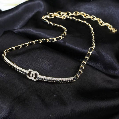 [Aura Jewels]Black Leather Interwoven Crystal CC Choker Necklace