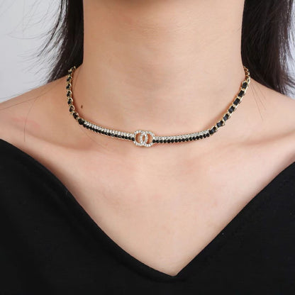 [Aura Jewels]Black Leather Interwoven Crystal CC Choker Necklace