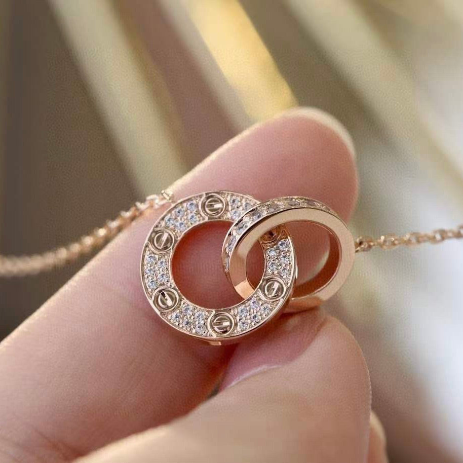 ¡®Aura Jewels¡¯LOVE 7.6MM NECKLACE ROSE GOLD AND SILVER  FULL DIAMOND