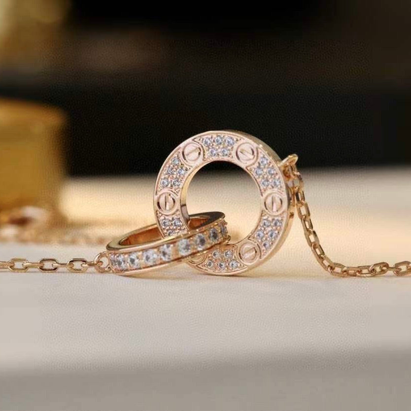 ¡®Aura Jewels¡¯LOVE 7.6MM NECKLACE ROSE GOLD AND SILVER  FULL DIAMOND