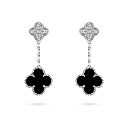 ¡®Aura Jewels¡¯CLOVER 2 MOTIFS  DIAMOND ONYX EARRINGS SILVER