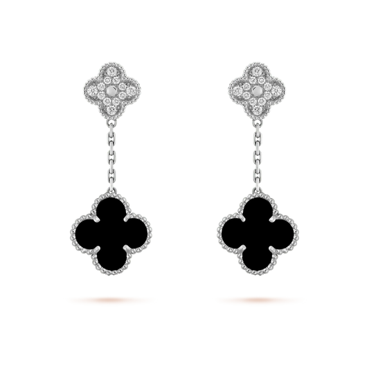 ¡®Aura Jewels¡¯CLOVER 2 MOTIFS  DIAMOND ONYX EARRINGS SILVER