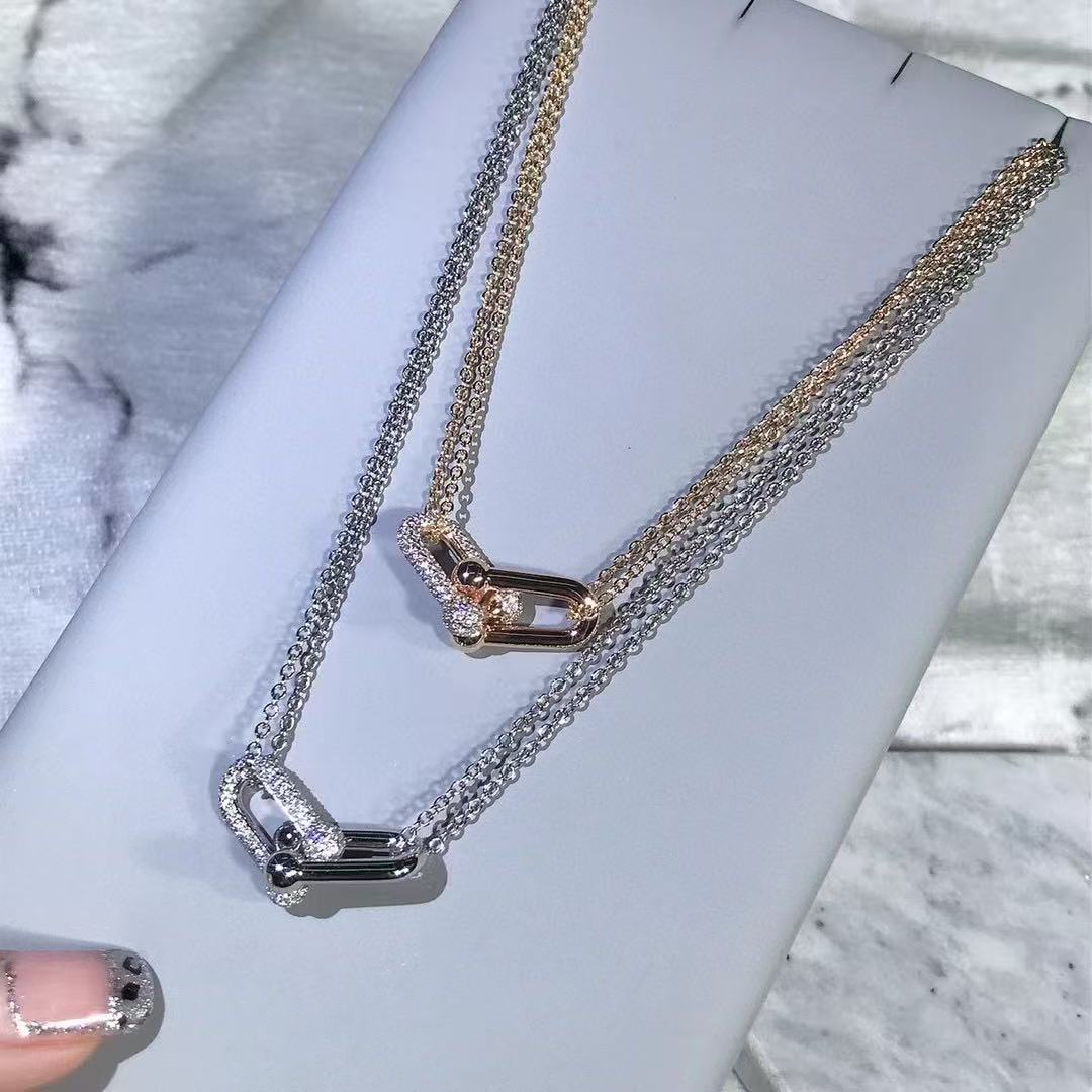 [Aura Jewels]T House Diamond-Set Double Chain Link Pendant Necklace