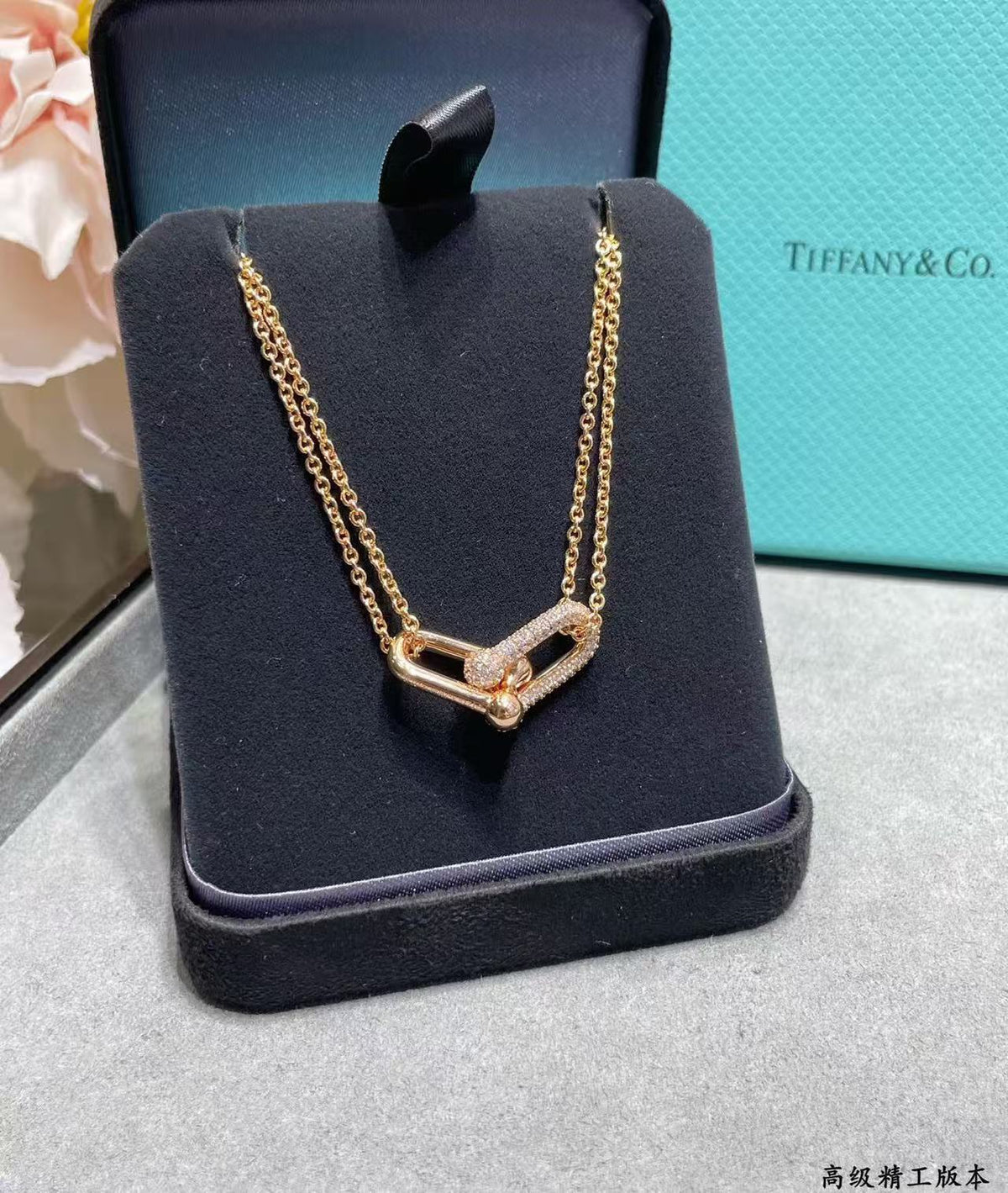 [Aura Jewels]T House Diamond-Set Double Chain Link Pendant Necklace