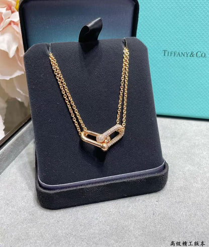 [Aura Jewels]T House Diamond-Set Double Chain Link Pendant Necklace
