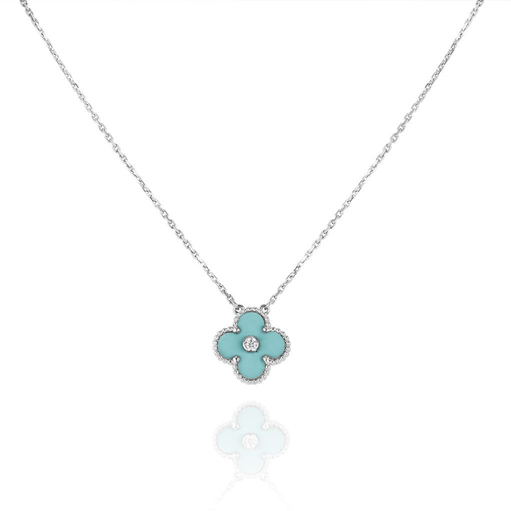 ¡®Aura Jewels¡¯CLOVER 1 DIAMOND LIGHT BLUE SILVER NECKLACE