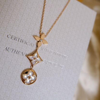 ¡®Aura Jewels¡¯COLOR BLOSSOM LARIAT NECKLACE PINK GOLD WHITE MOTHER PEARL AND DIAMOND