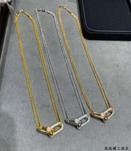 [Aura Jewels]T House Diamond-Set Double Chain Link Pendant Necklace