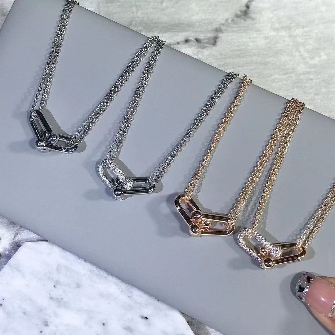 [Aura Jewels]T House Diamond-Set Double Chain Link Pendant Necklace