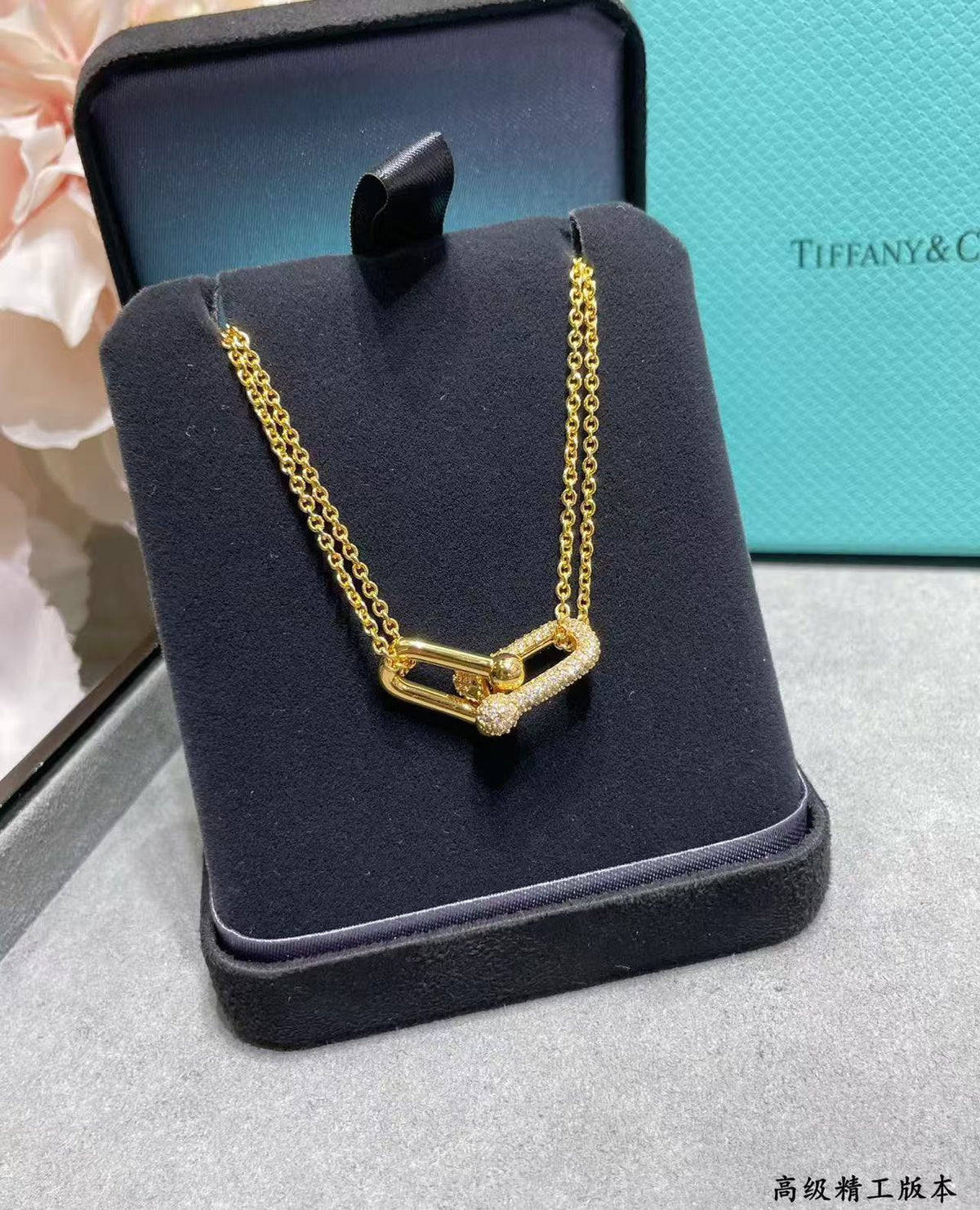 [Aura Jewels]T House Diamond-Set Double Chain Link Pendant Necklace