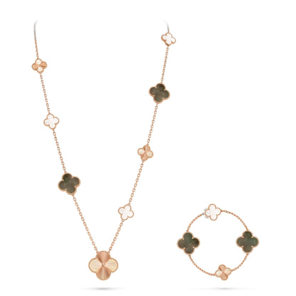 [Aura Jewels]DETACHABLE CLOVER 15(11+4) FLOWER ROSE GOLD NECKLACE SET
