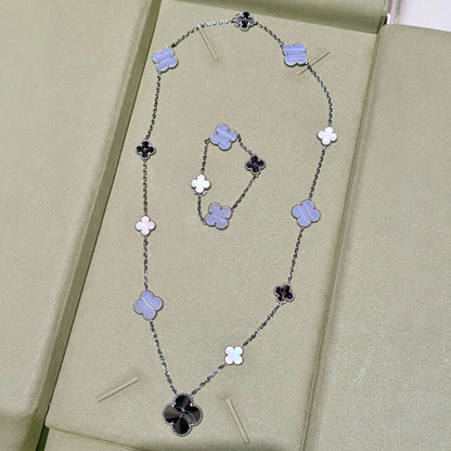 [Aura Jewels]DETACHABLE CLOVER 15(11+4) FLOWER SILVER NECKLACE SET
