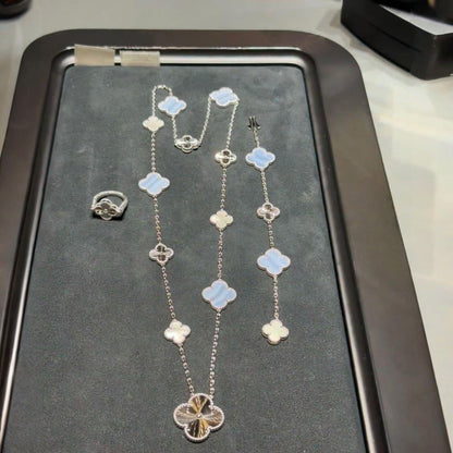 [Aura Jewels]DETACHABLE CLOVER 15(11+4) FLOWER SILVER NECKLACE SET