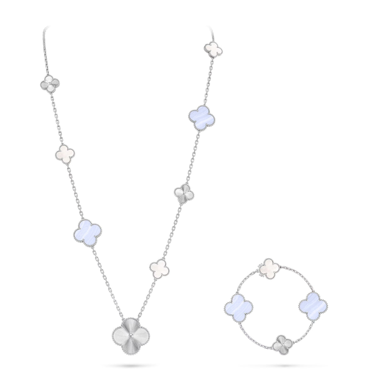[Aura Jewels]DETACHABLE CLOVER 15(11+4) FLOWER SILVER NECKLACE SET