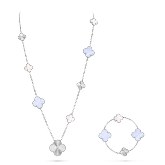 [Aura Jewels]DETACHABLE CLOVER 15(11+4) FLOWER SILVER NECKLACE SET