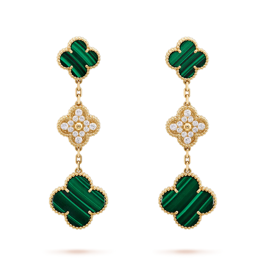 ¡®Aura Jewels¡¯CLOVER EARRINGS GOLD MALACHITE DIAMOND 3 MOTIF